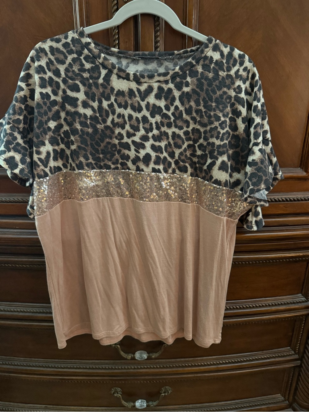 Leopard Print and Rose Gold Sequin Colorblock Women's Top - Size Medium